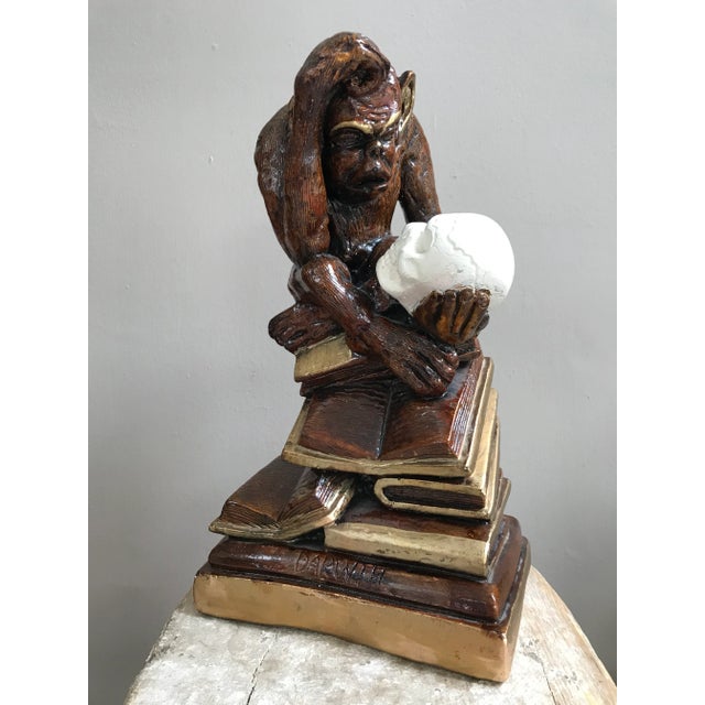 Unique piece of 1950s chalkware: an ape pondering Darwin’s human evolution theory while scratching his head and holding a...