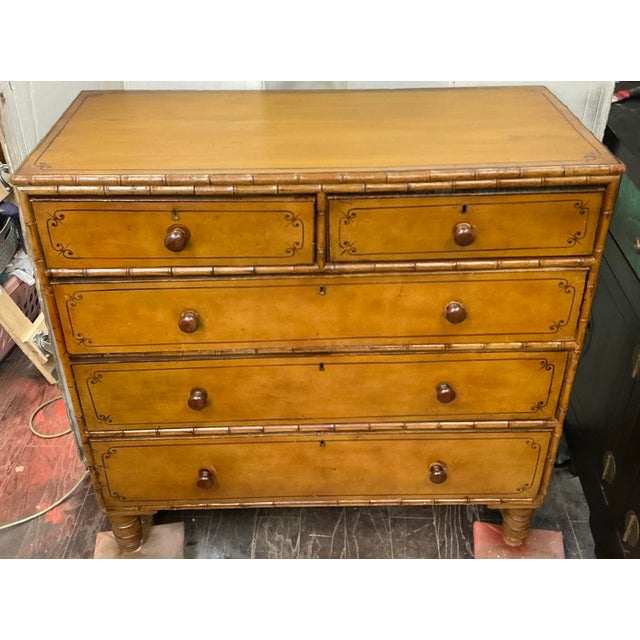 Brown 19th-C. English Carved & Painted Pine Faux Bamboo Tall Chest of Drawers For Sale - Image 8 of 9