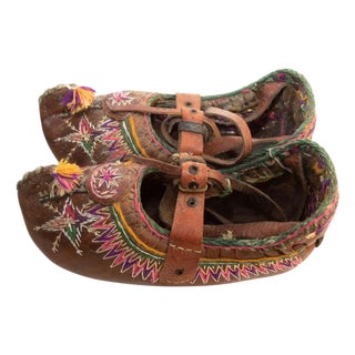 Antique Charogh Decorative Ethnic Shoes, Handcrafted Leather, Turkey, Circa 1900 For Sale