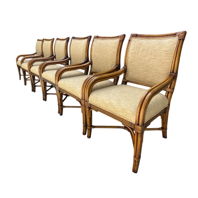 Vintage Organic Modern Rattan Dining Chairs With Arms and Upholstered Seats | Set of 6 For Sale - Image 4 of 10