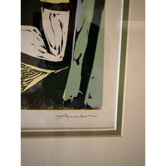 Mid 20th Century Irving Amen (American, 1918–2011) "In Thought" Signed Limited Edition Color Woodcut, Framed For Sale - Image 5 of 12