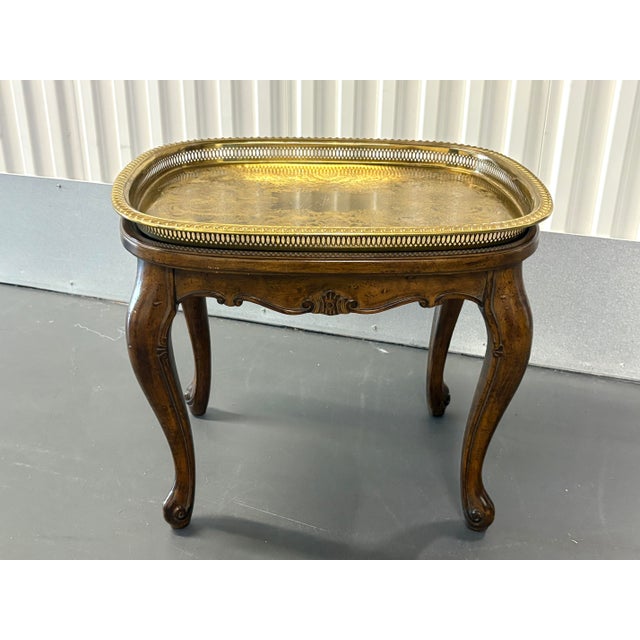 Late 20th Century Vintage Wood Queen Anne Style Table With Removable Brass Tray For Sale - Image 5 of 9