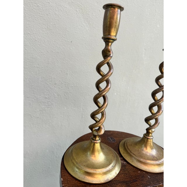 Antique English Barley Twist Brass Candlesticks, a Pair — Georgian Hollywood Regency For Sale - Image 9 of 10