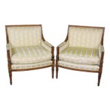 Fine Pair Carved Walnut French Louis XVI Square Back Bergere Chairs For Sale