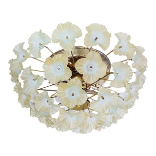 1960 Italy Sputnik Flush Mount in Turquoise Murano Glass Flowers & Brass For Sale