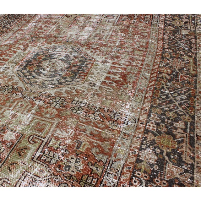 Distressed Persian Hand Knotted Karadjeh Rug With Medallion Geometric Tribal Design For Sale In Atlanta - Image 6 of 12