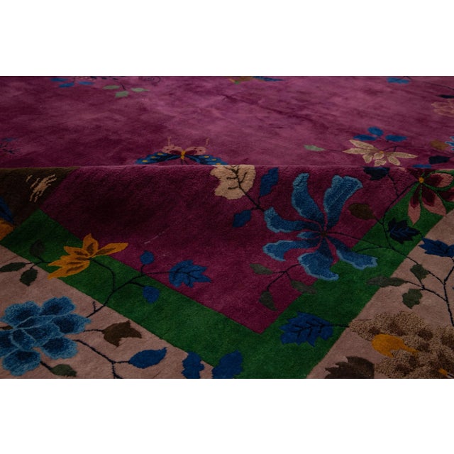 Art Deco Antique Purple Wool Rug Handmade With Chinese Floral Motif For Sale - Image 10 of 10