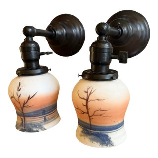 Pair of Antique Hand Painted Tree and Lake Scene Wall Sconces For Sale