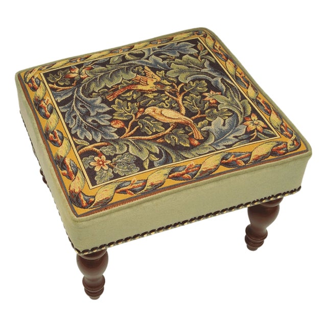 Birds & Acanthus Upholstered High Stool - Green For Sale