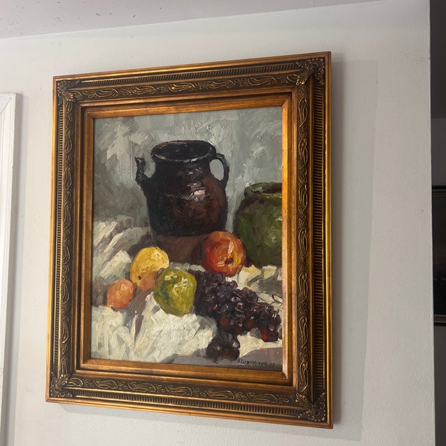 20th Century European School Oil on Canvas Board Tabletop Still Life Framed Signed For Sale - Image 11 of 12
