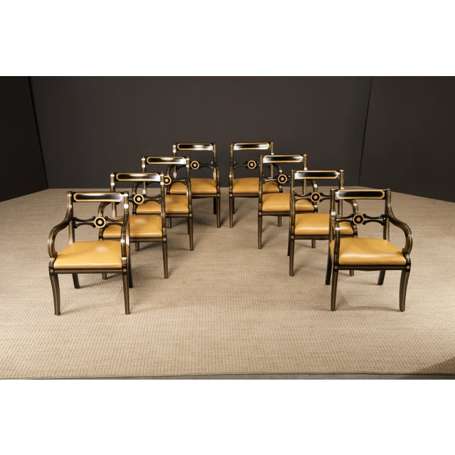 Traditional Maison Jansen Attributed Leather and Gilt Regency Armchairs, Restored, c. 1940s - A Pair For Sale - Image 3 of 12