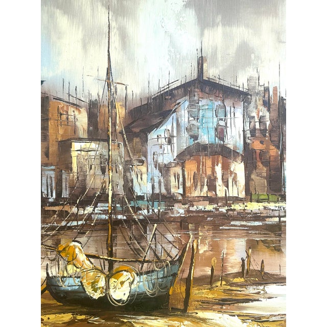 1960s Large Nautical "Ships in Harbor" Oil Painting by M. Runci For Sale - Image 5 of 12