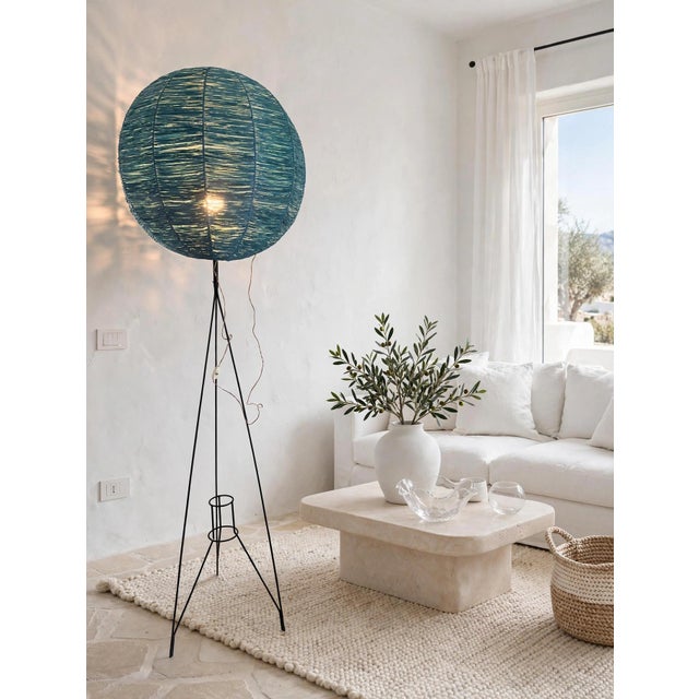 Mid-Century Tripod Floor Lamp with Blue Raffia Shade, 1950s For Sale - Image 12 of 12