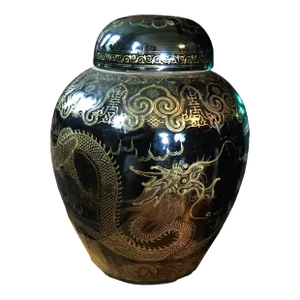 19th Century Chinese Mirror Black Porcelain Vase Jar Urn & Cover with Gilt Dragon