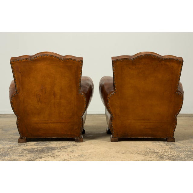 1920s French Art Deco Scalloped Back Cognac Leather Club Chairs – A Pair For Sale - Image 17 of 18