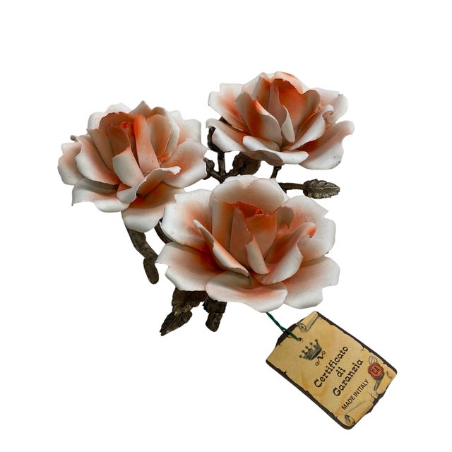 Rococo Set of 3 Vintage Capodimonte Porcelain Rose Sculptures & Candle Holder, Italy For Sale - Image 3 of 10