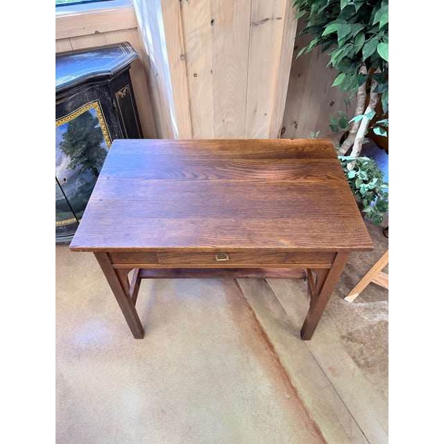 Vintage Mission Oak Arts & Crafts Writing Desk With Stretcher Shelf For Sale - Image 4 of 9