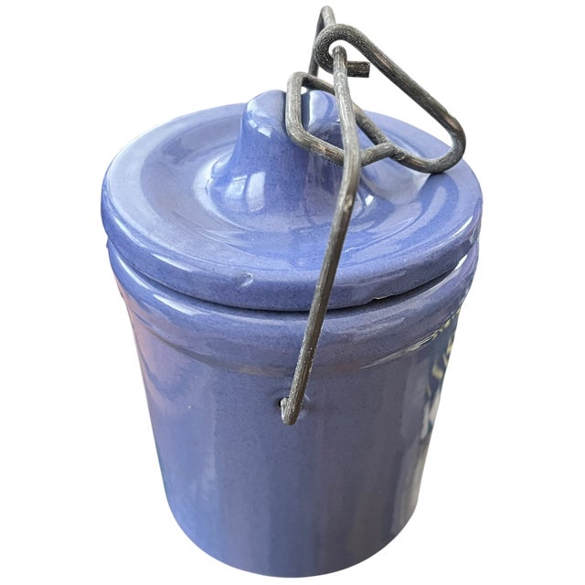 Vintage French Country Periwinkle Blue Ceramic Lidded Canister & Striped Spoon After Digoin Sarreguemines For Sale In Jacksonville, FL - Image 6 of 13