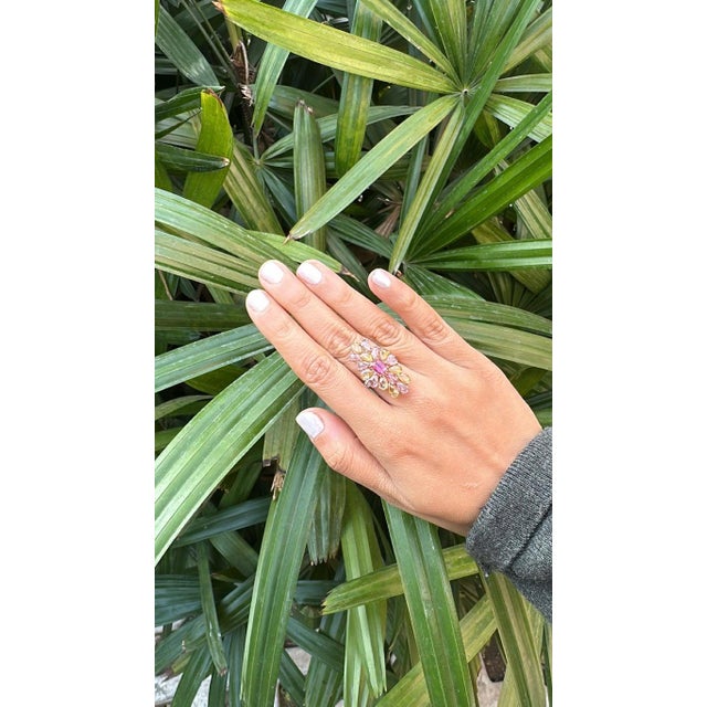 Set in 18k Rose Gold, Pink Sapphires, Tourmaline & Diamond Cluster Cocktail Ring, Size 6 For Sale - Image 6 of 11