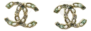 Chanel Gold CC Seed Pearl Mint Crystal PIercing Earrings, A Pair