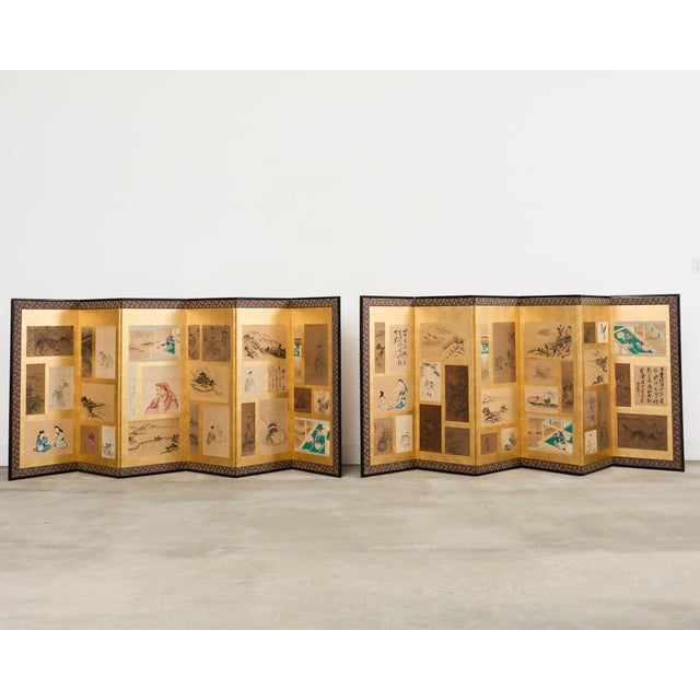 Incredible pair of late 18th/early 19th century Japanese Edo period six panel folding byobu screens featuring Harimaze...