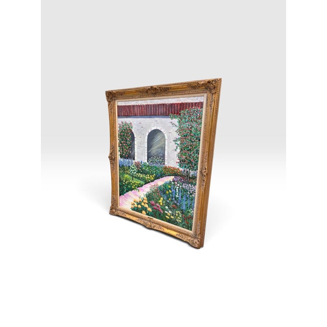 Mediterranean 1980s Francis Downs Large Original Garden Painting in Ornate Gilt Frame, 57” For Sale - Image 3 of 6