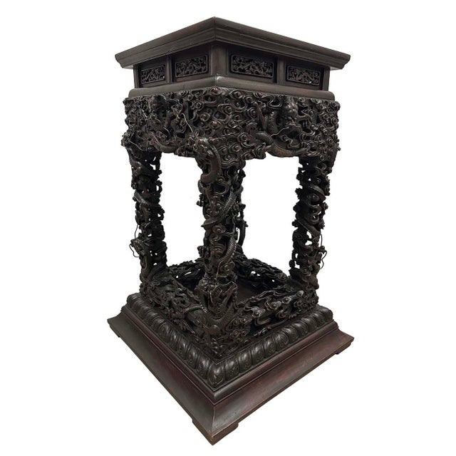VERY RARE, MARVELOUS, ANTIQUE Chinese Hardwood carved Dragons stands. Extraordinary angular hardwood table stand raised on...
