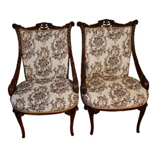 1930s Pair of French Mahogany Spring-Seat Living Room Side Fireplace Chairs For Sale