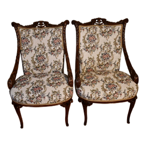 1930s Pair of French Mahogany Spring-Seat Living Room Side Fireplace Chairs