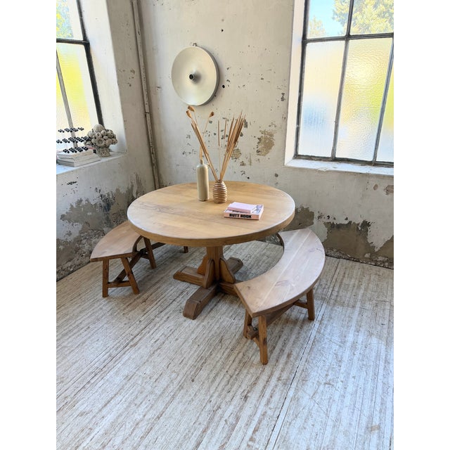 Vintage Round Oak Table and Benches, 1950s, Set of 3 For Sale - Image 4 of 18