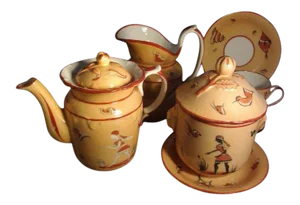 19th c. Old Paris Egyptian Revival Motifs Porcelain Tea Set- 6 Pieces