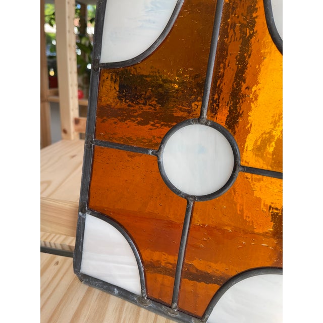 Amber Pair of Vintage Amber and White Stained Glass Window Panels For Sale - Image 8 of 10