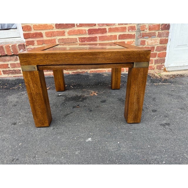 Vintage Drexel Heritage Woodbriar Glass top Square Oak Side Made of oak featuring square form with geometric design, glass...
