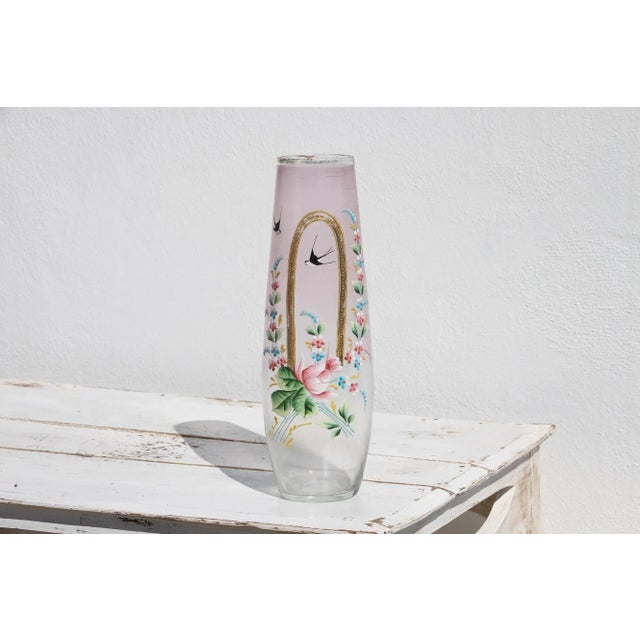 1920s Art Deco German Bavaria Hand Painted Glass Vase Depicting Swallows Birds and Flowers For Sale - Image 13 of 13