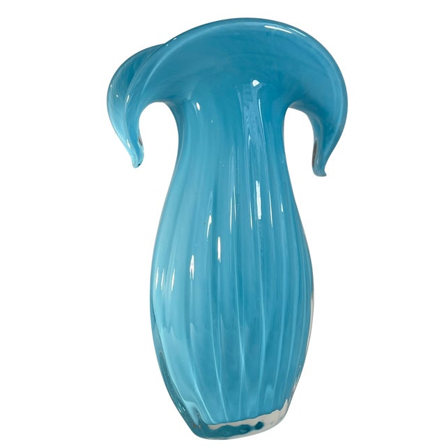Art Glass Aqua Blue Vase Crescent Clam Lip Fluted Vase For Sale - Image 13 of 17