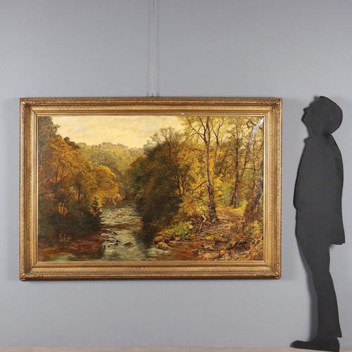 Oil on canvas. 19th-century Northern European school. Evocative and choreographic view of a forest with a stream flowing...