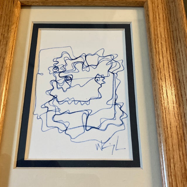 Abstract 1980’s 3 Original Wayne Cunningham Abstract Small Ink Drawings Vintage Oak Tabletop Frames-Set of 3 For Sale - Image 3 of 5