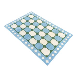 Handmade Cotton Area Rug Vegetable Dyed Sky Blue and Green Vista Rug-8'x10' For Sale