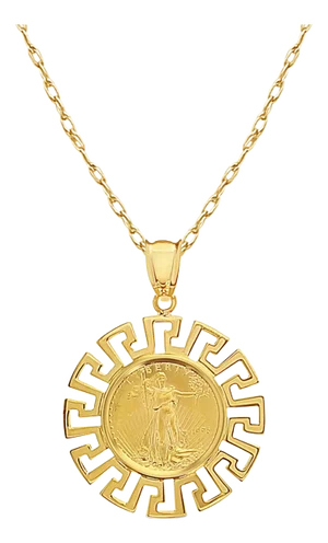 Greek Key Bezel 1/10OZ Lady Liberty Necklace 14k Yellow Gold 16"