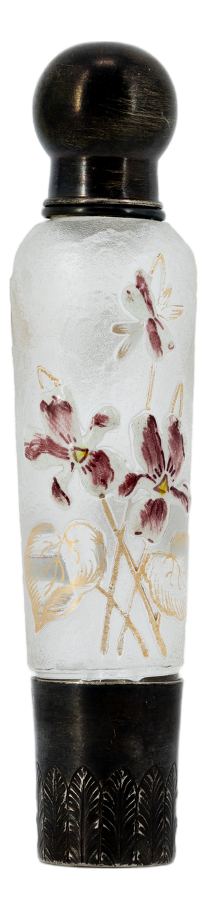 Art Nouveau Perfume Bottle in Polychrome Glass with Integral Burnished Metal Frame, 1900-1910
