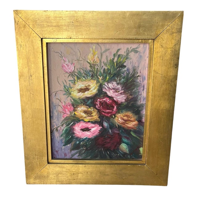 Art Nouveau Mid 20th Century Impressionist Floral Still Life Oil Painting by Marthabel Cook Framed Gold Art For Sale - Image 3 of 12