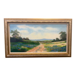 Vintage 1974 Texas Bluebonnet Landscape Original Painting by l.b. Mackrell, Framed For Sale