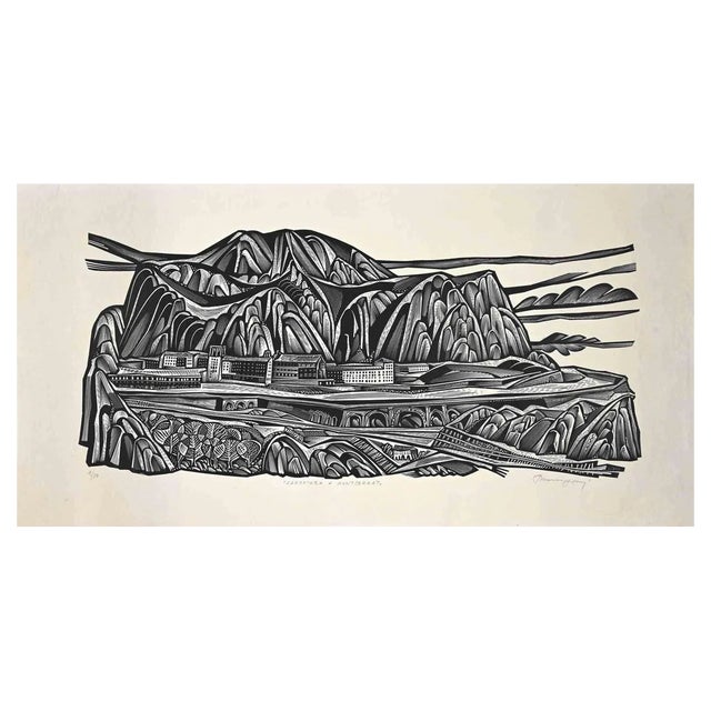 Quiet Marangoni, Carretera in Monserrato, Original Woodcut, Mid -20th-Century For Sale