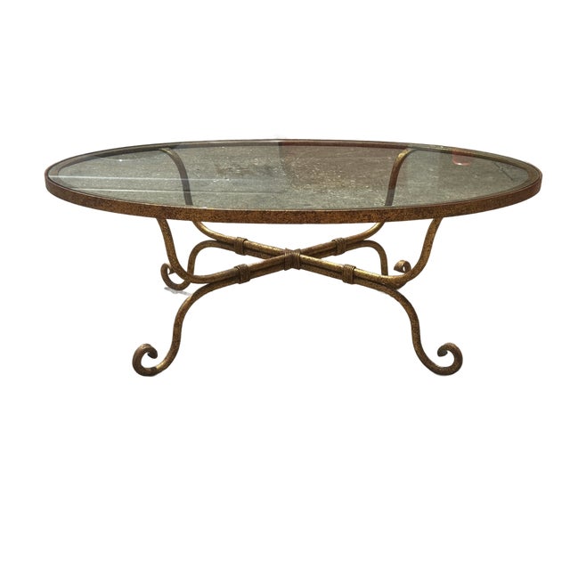 Late 20th Century Hollywood Regency Gilt Wrought Iron Glass Top Oval Cocktail Table For Sale - Image 14 of 16