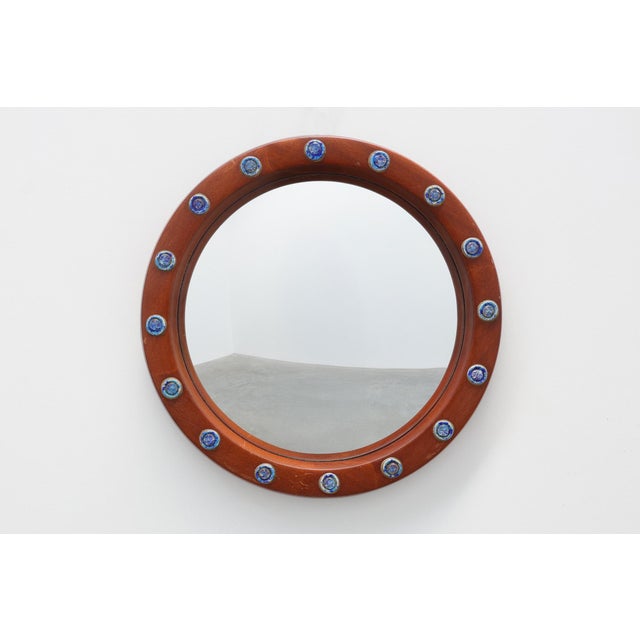 1960s Round Mirrors with Blue Ceramic Studs from Deknudt, Belgium, 1960s, Set of 2 For Sale - Image 5 of 14