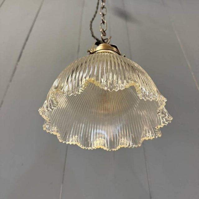 Small Pressed Glass Pendant Lamp with Brass Fixture from Holophane, 1930s For Sale - Image 12 of 17