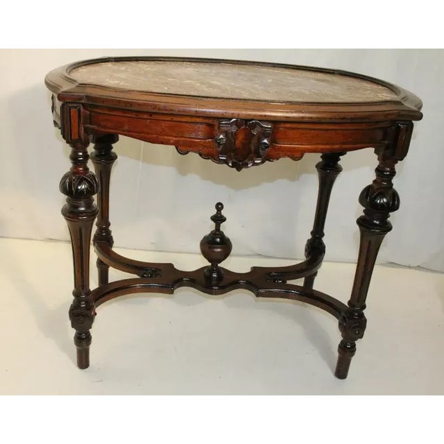 Victorian Victorian Walnut Carved Marble Top Parlor Center Table, 19th Century For Sale - Image 3 of 10