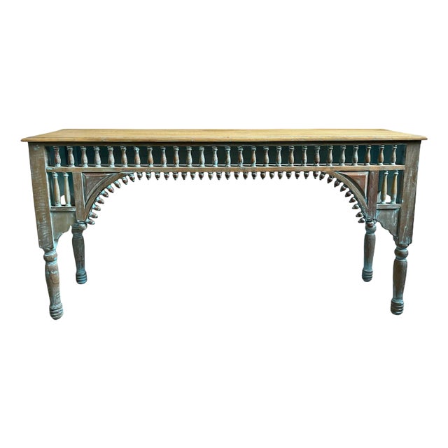 Blue Wash Colonial Spindle Console Table For Sale