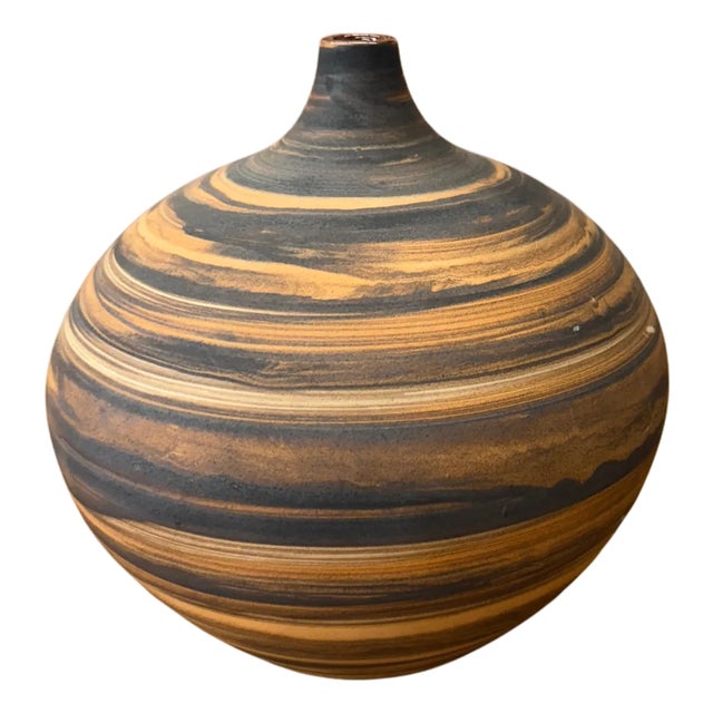Small Black and Orange Canyon Drift Round Prem Vase For Sale