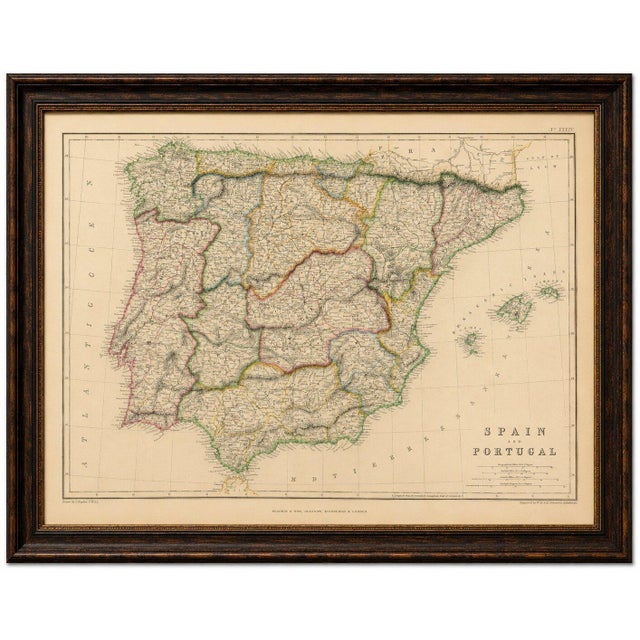 This finely detailed original antique map depicts the Iberian Peninsula, showing Spain and Portugal in remarkable detail...